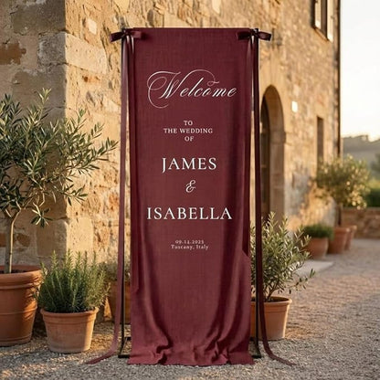 Red Linen Wedding Banner: Personalized Burgundy Welcome Sign - Image 2