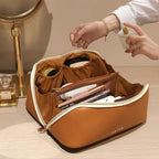 Prite Makeup Bag for Women Travel Waterproof Vegan Leather Cosmetic Bag Open Flat Toiletry Bag With Clear Divider and Handle (Large Brown)