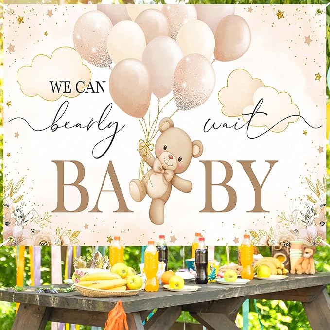 Mocsicka We Can Bearly Wait Backdrop Bear Baby Shower Banner Girl Bear Baby - Image 6