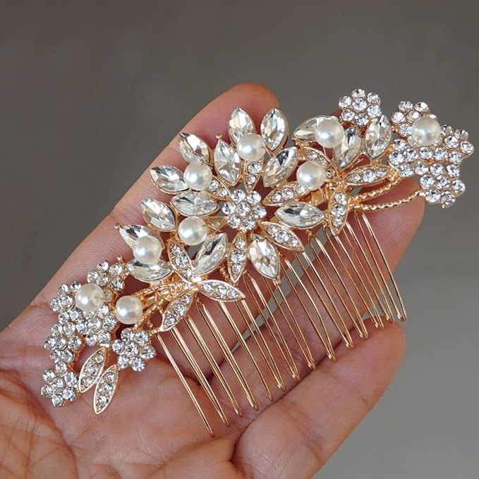 Crystal Wedding Hair Comb Bridal Hair Comb with Pearl Wedding Headpiece for party wear Golden Hair Accessory
