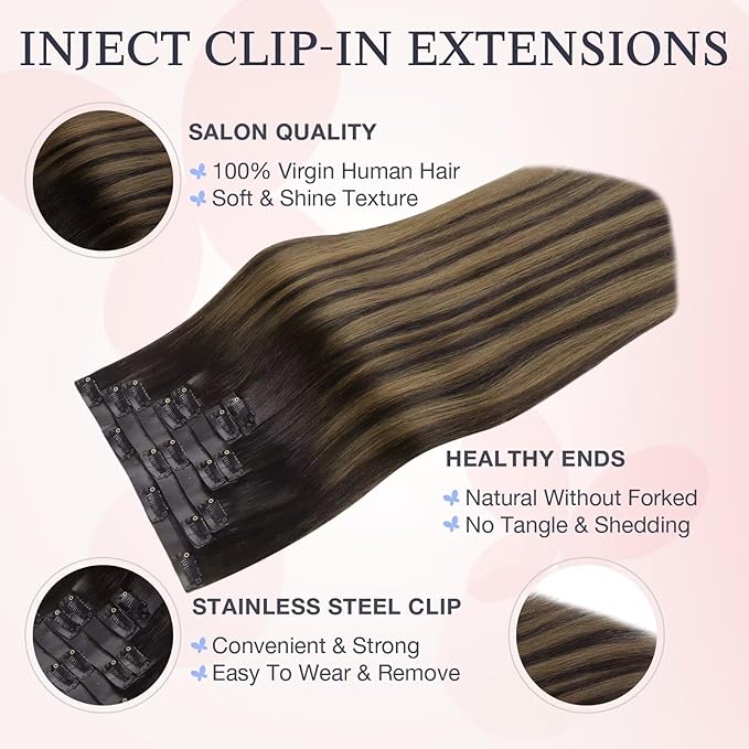 DOORES Hair Extensions Real Human Clip in 20 inch 120g 7pcs Invisi Edge, Seamless Clip in Hair Extensions Invisible Clipins Virgin Injected Skin Weft, 2/6/2 Dark Brown to Chestnut Brown