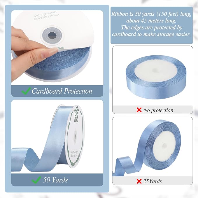 woric Dusty Blue Satin Ribbon 1 Inch 50 Yards Light Baby Blue Ribbon | Gift - Image 3