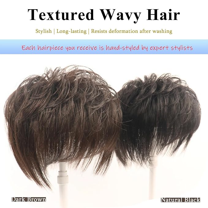 Short Human Hair Topper for Women with Hairloss,Invisible Clip in Texture Wavy Topper Hairpiece with Large Mesh 6.3x7 Ins and Silk Top Base Natural Fluffy Wiglet Hairpiece Dark Brown