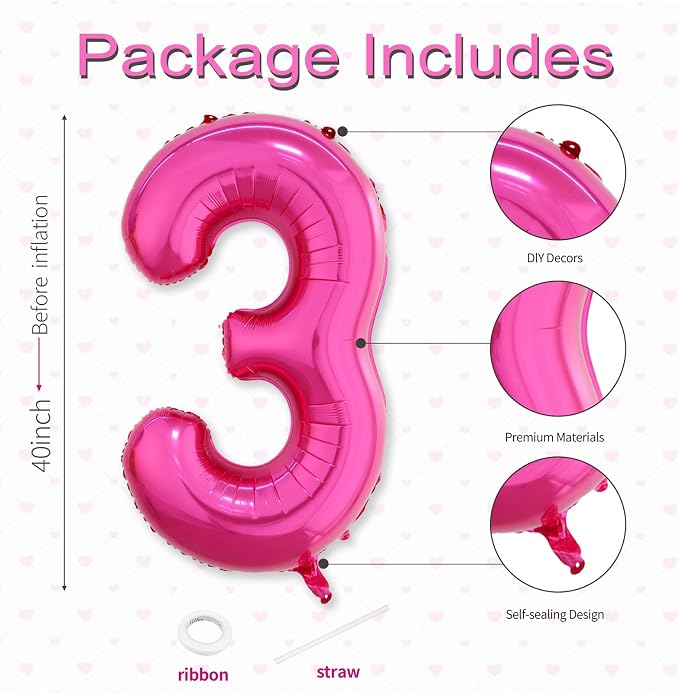 40 Inch Hot Pink Number 3 Balloon, Giant Number Balloons, Birthday Decor | - Image 3
