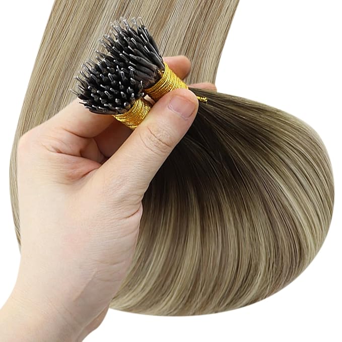 YoungSee Nano Ring Hair Extensions Ombre 16 Inch Nano Tip Hair Extensions Real Human Hair Dark Brown Ombre Light Brown with Blonde Nanobead Hair Extension Human Hair Balayage for Daily 50s 50g
