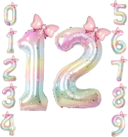 40" Giant Pastel Rainbow Number 12 Balloon Foil Pink Bow Decor Kit | by TNCDJKPA