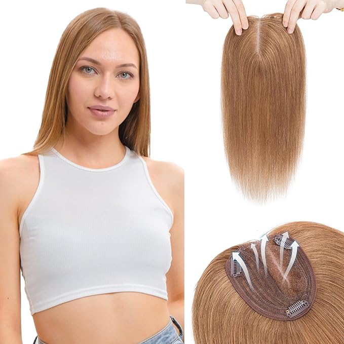 Hairro 100% Human Hair Topper No Bangs, Real Clip in Hair Hairpieces for Women, 3.94x4.72" Silk Base for Thinning Receding High Hairline, 12 Inch Light Brown Side Part