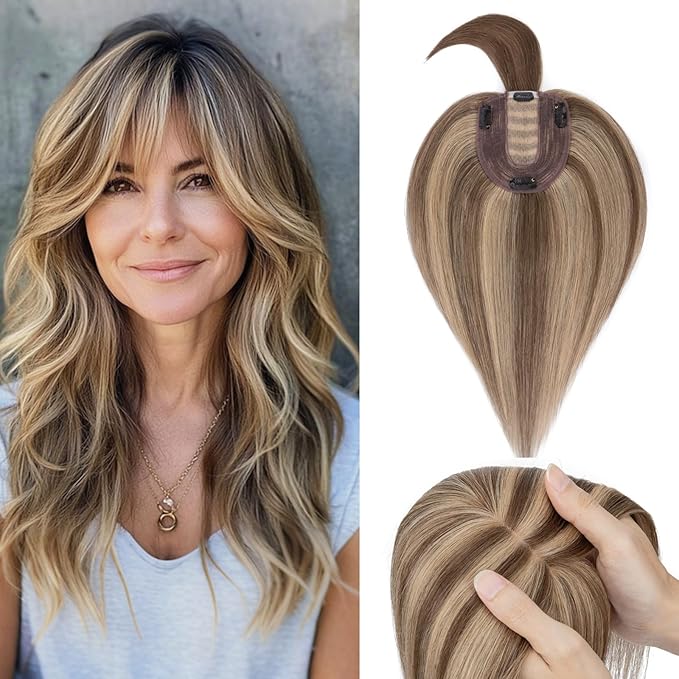 Rich Choices Hair Toppers for Women Real Human Hairs With Bang 100% Remy Human Topper for Thinning Hair Clip in Silk Base Topper 12 Inch #4P27 Medium Brown Mix Dark Blonde