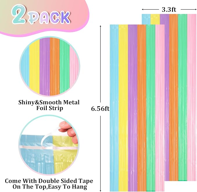 Voircoloria Pastel Rainbow Foil Fringe Backdrop Curtains, 2 Pack | Tinsel - Image 2