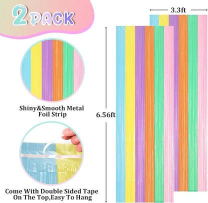 Voircoloria Pastel Rainbow Foil Fringe Backdrop Curtains, 2 Pack | Tinsel - Image 2