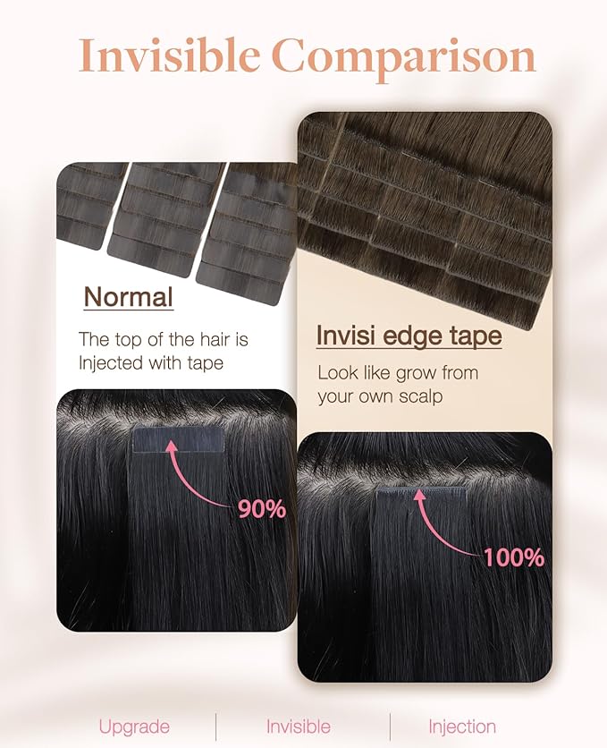 GOO GOO Invisi Edge Tape in Hair Extensions Human Hair, 4/27/4 Balayage Chocolate Brown to Caramel Blonde 20pcs injected with 20pcs classical tape ins, 24inch 100g, Virgin Remy Hair, Natural Look
