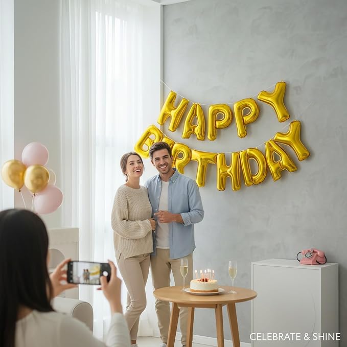 Gold Happy Birthday Banner Foil Letter Balloon, 14 Inch 3D Inflatable Party - Image 6