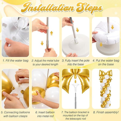 2 Sets Gold White Bow Balloon Column Stand Kit Includes 2 Bows & 100 Latex - Image 4
