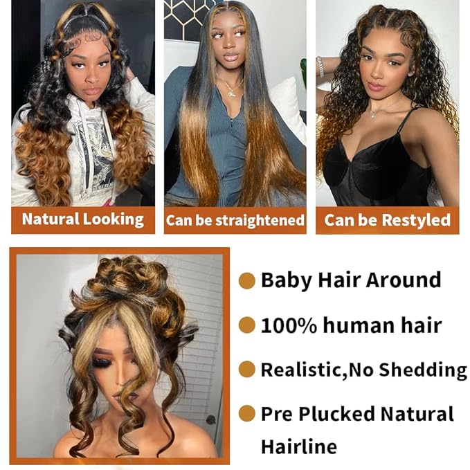 360 Lace Front Wigs Human Hair, 32 Inch, Ombre, Body Wave, Unprocessed Brazilian Virgin Hair, Pre Plucked With Baby Hair, Soft and Natural, Suitable For Any Occasions