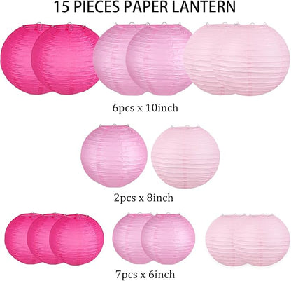 15-Pack Pink Paper Lanterns, Hanging Party Decorations | 6, 8 & 10 Inch Rose - Image 2