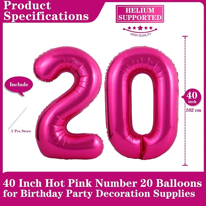 Hot Pink 20 Number Balloons, 40 Inch Giant Number 20 Balloons Foil Mylar Helium - Image 2