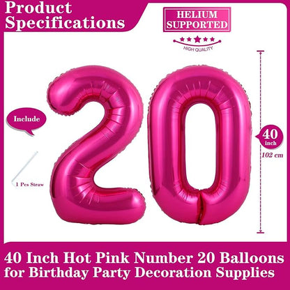 Hot Pink 20 Number Balloons, 40 Inch Giant Number 20 Balloons Foil Mylar Helium - Image 2