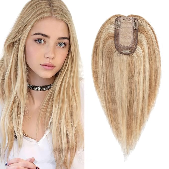 SEGO Real Human Hair Topper for Women without Bangs, Hair Topper with Anti-Slip Clips (6 Inch#12/613 Golden Brown Mix Bleach Blonde)
