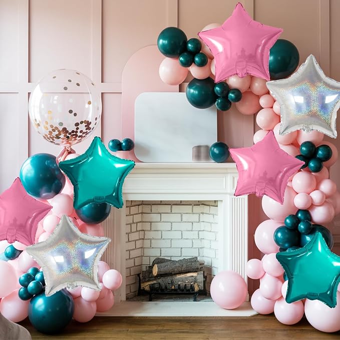 Pink and Teal Blue Star Foil Balloons, 18 Inch Metallic Turquoise Stars - Image 6
