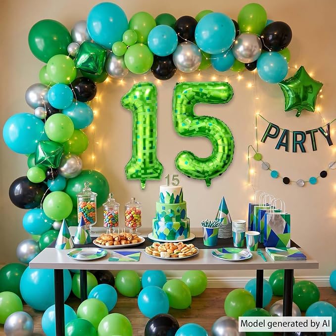 40 Inch Lime Green Pixel Number 15 Balloon, 15th Gamer Boy Party Decor | Huge - Image 5
