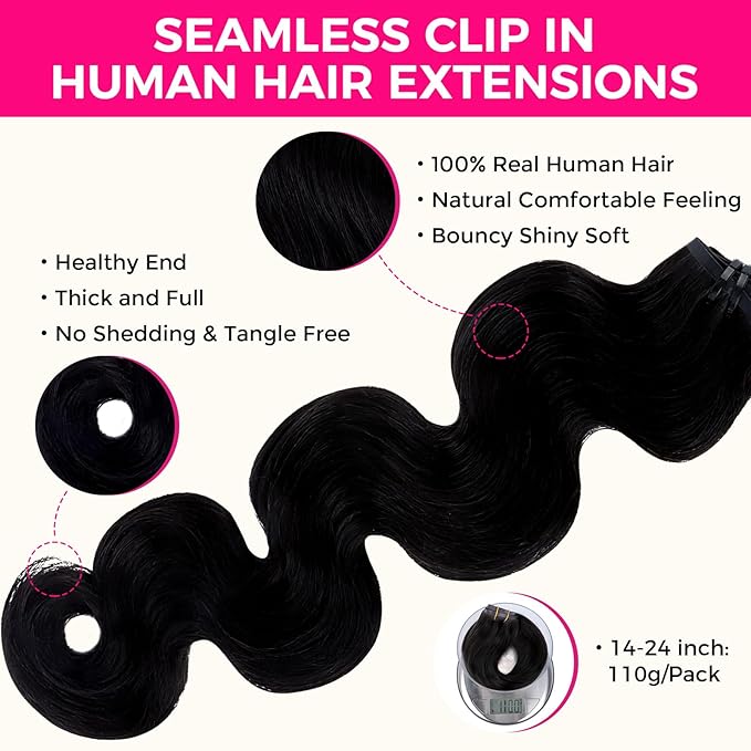 Lashey Seamless Clip in Hair Extensions Human Hair #1 Jet Black Body Wave 7pcs 110g 22 Inch Invisible PU Weft Human Hair Clip in Extensions for Women