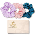 LULUSILK Silk Scrunchies for Hair Sleep, 100% Real Mulberry Silk, No Damage Hair Ties for Women and Girls, Lavender Pink and Peacock Blue, Pack of 3