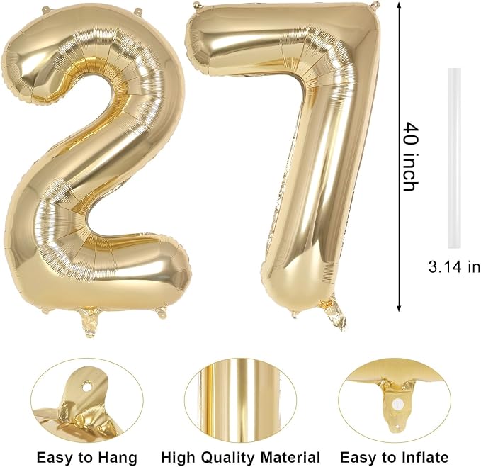 Champagne Gold Large Number 27 Balloon, 40 Inch Light Gold Foil Helium Number - Image 2