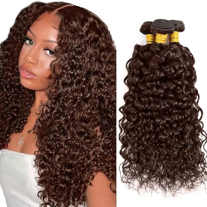 Brown Human Hair Bundles Color 4 Water Wave Bundle Niegmeag Virgin Remy Hair 3 Bundles 16 18 20 Inch Double Weft Brown Wet and Wavy Bundle
