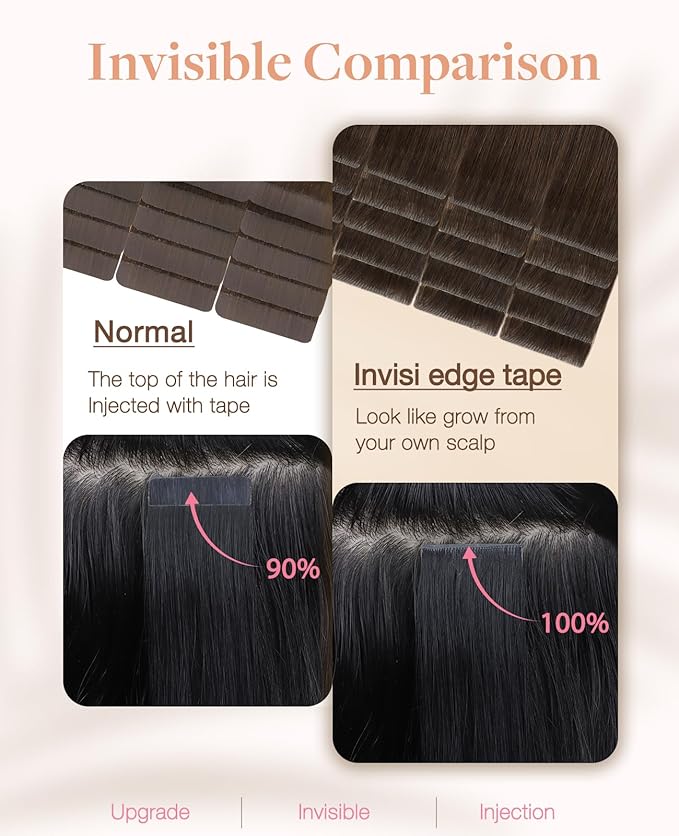 GOO GOO Invisi Edge Tape in Hair Extensions Human Hair, 4A Chocolate Brown, 10pcs 16inch 25g, Virgin Remy Hair, Seamless Injected Tape, Natural Look