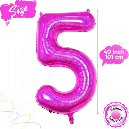 Hot Pink 5 Balloon, 40 Inch Large Laser Hot Pink Foil Helium Number Balloons 0-9 - Image 2