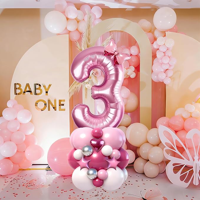 40 Inch Pink Number 3 Balloon Tower Set, Pastel Number Three Foil Balloon - Image 6