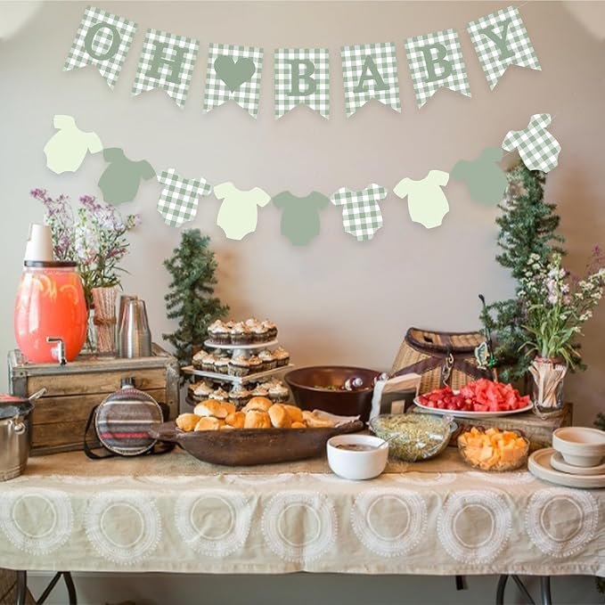 Green Gingham Baby Banner Sage Plaid Welcome Baby Shower Sign Decoration - Image 2