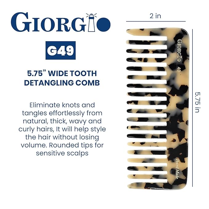 Giorgio G49 White Tokio, Large Wide Tooth Detangling Comb for Thick Curly Wavy Hair. Wet & Dry Hair Detangler - Handmade of Quality Cellulose, Saw-Cut, Hand Polished