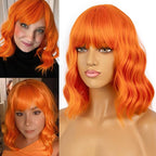 Wavy Wig With Bangs Women's Short Orange Wigs Curly Wavy Bob Synthetic Cosplay Wig for Girls Daily Use Halloween Wigs(12" Orange)
