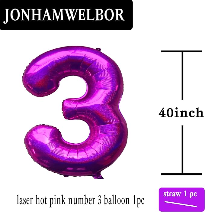 Jonhamwelbor 40 Inch Laser Hot Pink Number 3 Balloon Foil Mylar Giant Balloon - Image 2