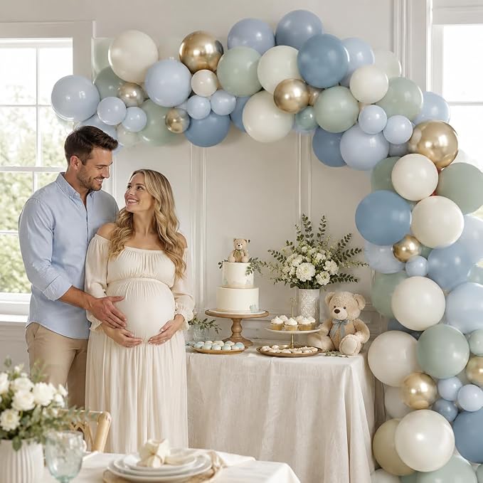 Dusty Blue Green Balloons, Slate Fog Blue Dusty Green Ivory Balloons - Image 3