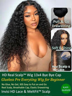 KLAIYI Water Wave HD Real Scalp Glueless Precut 13x4 Lace Front Human Hair Wig Drawstring Bye Bye Knots Pre Plucked Bleached Pre Everything 30S Ready to Wear and Go Deep Curly Wave Beginner Wig 16Inch