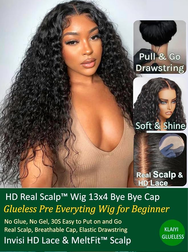 KLAIYI Water Wave HD Real Scalp Glueless Precut 13x4 Lace Front Human Hair Wig Drawstring Bye Bye Knots Pre Plucked Bleached Pre Everything 30S Ready to Wear and Go Deep Curly Wave Beginner Wig 22Inch