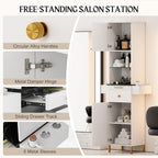 Salon Stations for Hair Stylist, Barber Station w/Glass Shelf & Golden Handles, Hair Salon Station Beauty Salon Spa Equipment w/6 Hair Dryer Holders, 2 Storage Cabinet & Drawers(White)