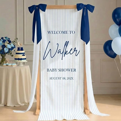 Custom Blue Striped Baby Shower Fabric Sign Hello Baby Linen Backdrop 1 | by Unknown