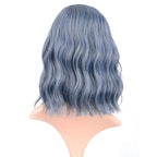 FAELBATY Blue Wigs With Air Bangs Shoulder Length Short Wave Wig For Women Curly Wavy Synthetic Cosplay Wig Blue Wig for Girl Halloween Costume Wigs (12" Dusky Blue Color)