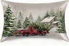 Imitation Silk Pillow Case for Hair and Skin Xmas Snowflake Vintage Red Truck 1 Pack Satin Pillow Case Standard Size with Hidden Zipper Smooth Cooling Pillow Cover for Sleeping 20”x26”