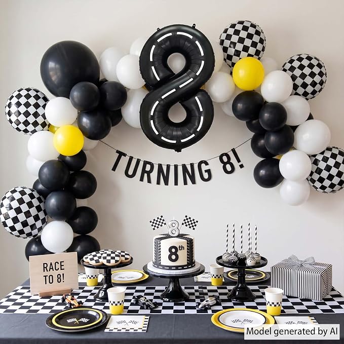 Black and White Stripes Number 8 Balloon 40 Inch, Road Theme Digit Decor | - Image 6