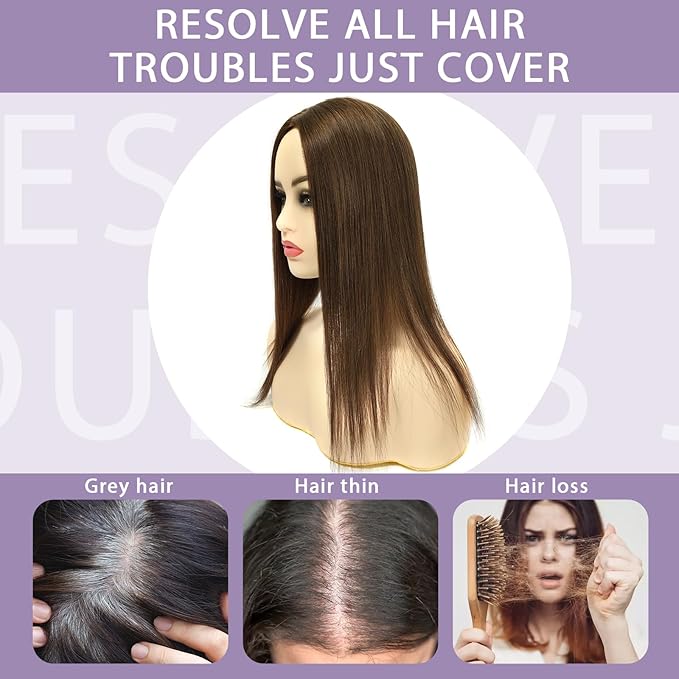 3x5 Inch Injected Silk Base Hair Toppers for Women, 14 Inch Length 130% Density Real Human Hair Pieces #2A Brown