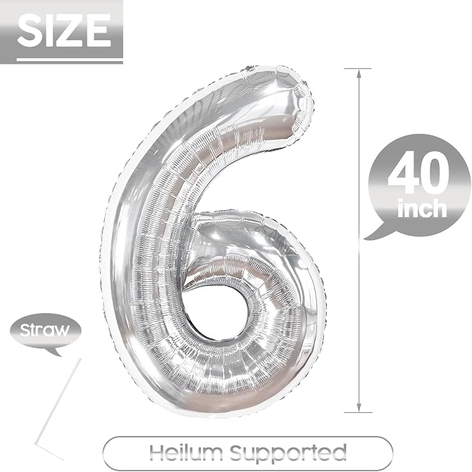 6 Balloon - Silver Birthday Number Balloons, 40 Inch Decorations Men Women | - Image 5