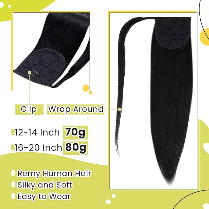 RUNATURE Ponytail Extension Human Hair for Black Women, Real Human Hair Ponytail with Magic Paste, Soft Straight Remy Hair, Daily Wearing, Easy to Apply, 12 Inch 70g #1 Jet Black
