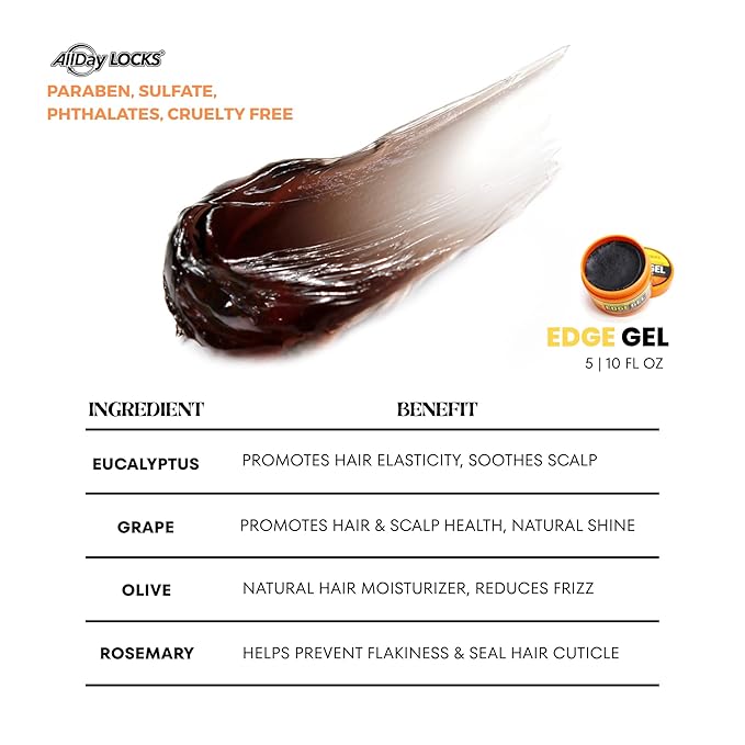 AllDay Locks Edge Gel (5 oz) | Extreme Hold, Moisturizing Edge Control Smoother | Eucalyptus, Rosemary, Olive Oil | No Frizz, Flakes, or Grease | Sleek 'n Slay Edge & Baby Hairs | 5 oz