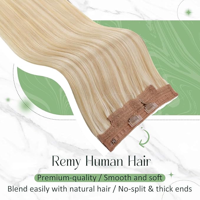 RUNATURE Invisible Wire Hair Extensions, Blonde Human Hair Extensions, Soft Remy Hair, Fish Line Natural Extensions for Women, Add Hair Volume, 14 Inch 70g #18p613 Ash Blonde Highlights