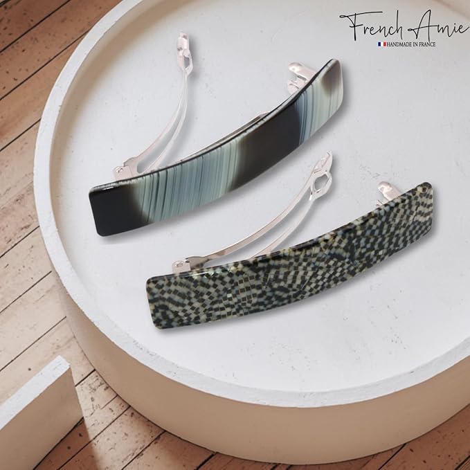 French Amie Oblong Handmade 3.5" Celluloid Automatic Hair Clip Barrette French Hair Clip for Women Strong Hold Set of 2 No Slip Durable Paris Hair Accessories, Made in France (Ivory Black and Opera)