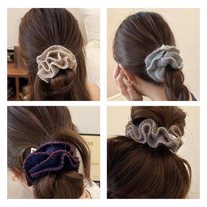 2 Pcs Soft Fabric Scrunchies for Hair,3.9 inch Medium Elastic Hair Ties Ropes Crochet Knit Silky Scrunchie for Women-Gray